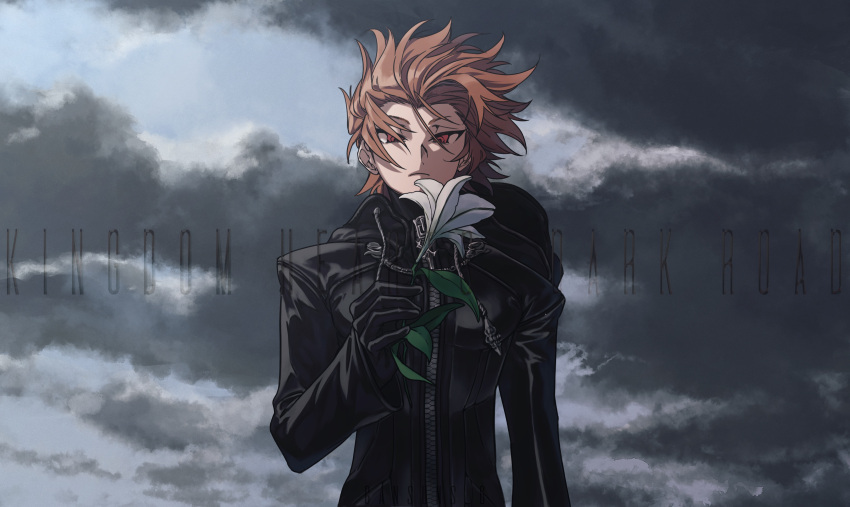 1boy absurdres black_coat black_coat_(kingdom_hearts) black_gloves blue_sky bragi_(kingdom_hearts) clouds cloudy_sky coat commentary copyright_name dark_clouds day easter_lily expressionless flower gloves hand_up highres holding holding_flower hood kingdom_hearts kingdom_hearts_dark_road long_coat long_sleeves looking_down male_focus orange_eyes orange_hair outdoors roku_(gansuns) sky solo symbol-only_commentary upper_body white_flower wind zipper