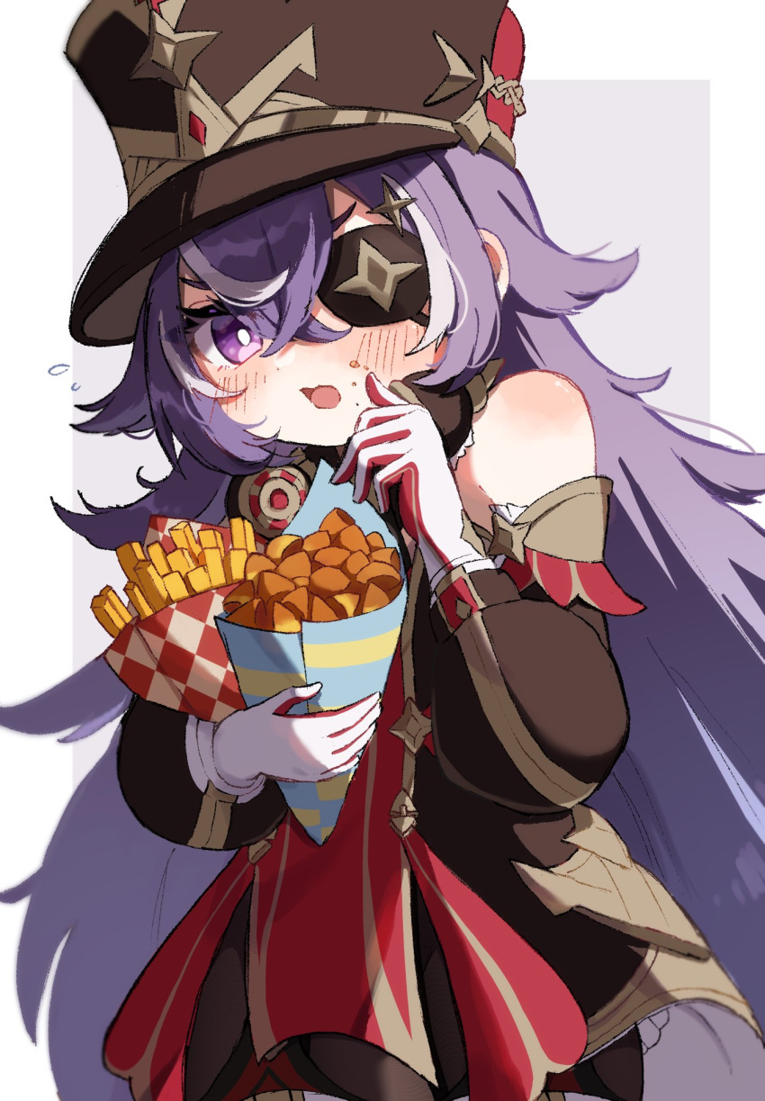 1girl bare_shoulders black_headwear blush border chevreuse_(genshin_impact) commentary_request detached_sleeves dress earmuffs earmuffs_around_neck eyepatch food food_on_face french_fries genshin_impact gloves gold_trim hair_between_eyes hat highres holding holding_food long_hair long_sleeves looking_at_viewer mole mole_under_mouth multicolored_hair nanakusa_yomogi open_mouth pointy_hair puffy_detached_sleeves puffy_sleeves purple_hair shako_cap short_dress solo streaked_hair two-tone_hair very_long_hair violet_eyes white_border white_gloves white_hair