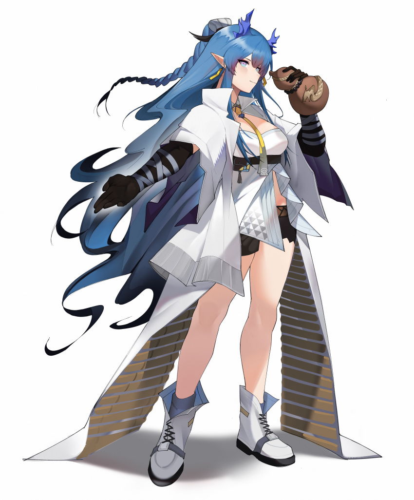 absurdres arknights black_shorts blue_eyes blue_hair braid breasts coat detached_collar dragon_girl dragon_horns earrings gourd gradient_eyes highres holding_gourd horns jewelry large_breasts ling_(arknights) long_hair looking_at_viewer multicolored_eyes necktie open_clothes open_coat pointy_ears shirt short_shorts short_sleeves shorts soda_(sod4) strapless strapless_shirt tassel tassel_earrings very_long_hair white_coat white_footwear white_shirt yellow_necktie