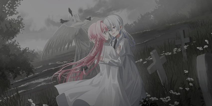 2girls :d animal bird black_bow black_necktie blue_eyes bow braid capelet chihuri closed_mouth clouds cloudy_sky collared_shirt commentary_request cross earrings ende_(chihuri) eye_contact floating_hair flower grey_hair hair_bow hair_intakes highres jacket jewelry long_hair looking_at_another multiple_girls nea_(chihuri) necktie original outdoors pink_hair profile shirt sky smile statue stud_earrings tombstone very_long_hair white_capelet white_flower white_jacket white_shirt yuri