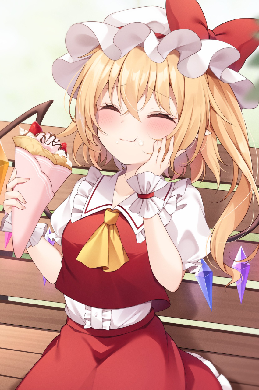 1girl :t ^_^ absurdres ascot bench blush bow closed_eyes closed_mouth commentary_request cowboy_shot crepe crossed_bangs crystal day eating flandre_scarlet food food_on_face frilled_shirt_collar frilled_skirt frills hair_between_eyes hand_on_own_cheek hand_on_own_face hands_up happy hat hat_bow highres holding holding_food long_hair miy@ mob_cap outdoors park_bench puffy_short_sleeves puffy_sleeves red_bow red_skirt red_vest shirt short_sleeves side_ponytail sitting skirt smile solo touhou vest white_headwear white_shirt white_wrist_cuffs wings yellow_ascot