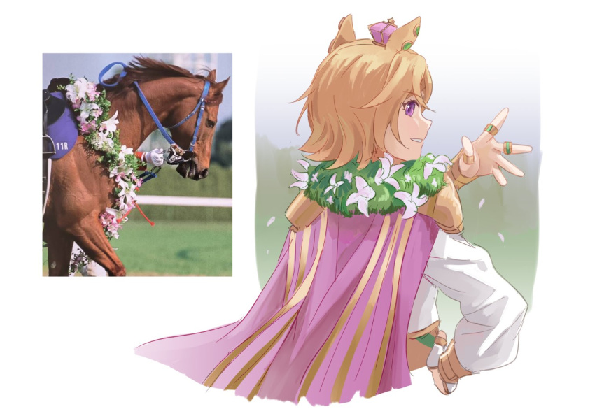 1girl 1other animal_ears cape commentary creature_and_personification crown horse horse_ears kaulen.f long_sleeves mini_crown orange_hair photo-referenced pink_cape real_life reference_inset t.m._opera_o_(racehorse) t.m._opera_o_(umamusume) umamusume upper_body