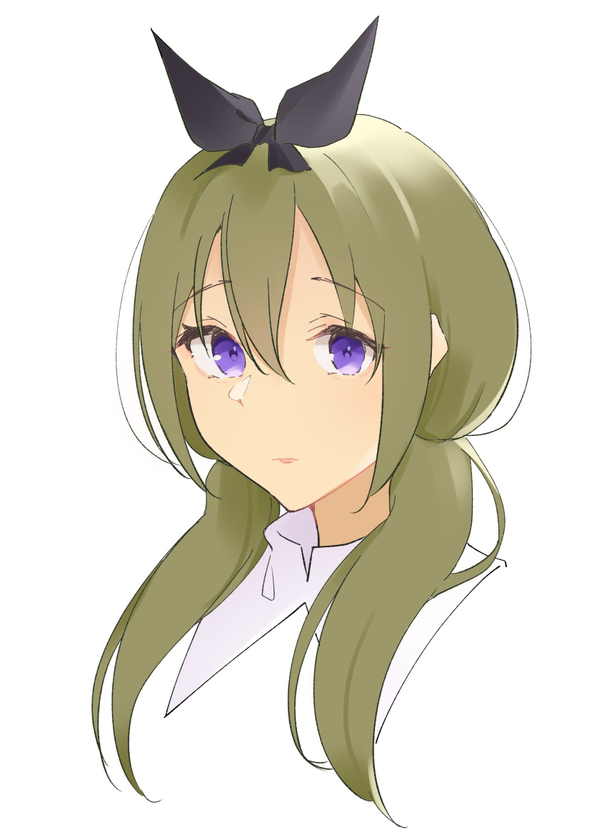 1girl absurdres assault_lily black_bow bow closed_mouth commentary_request cropped_shoulders green_hair hair_between_eyes hair_bow hair_over_shoulder highres long_hair looking_ahead low_twintails natsumiya_kuina portrait school_uniform simple_background solo twintails violet_eyes white_background yamanashi_hibari yurigaoka_girls_academy_school_uniform