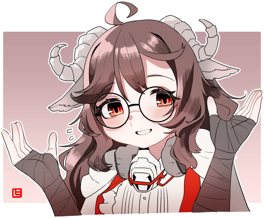 1girl animal_ears arknights blush brown_hair character_request cow_ears cow_girl cow_horns glasses highres horns medium_hair red_eyes shima_(wideshi_ma) smile solo upper_body
