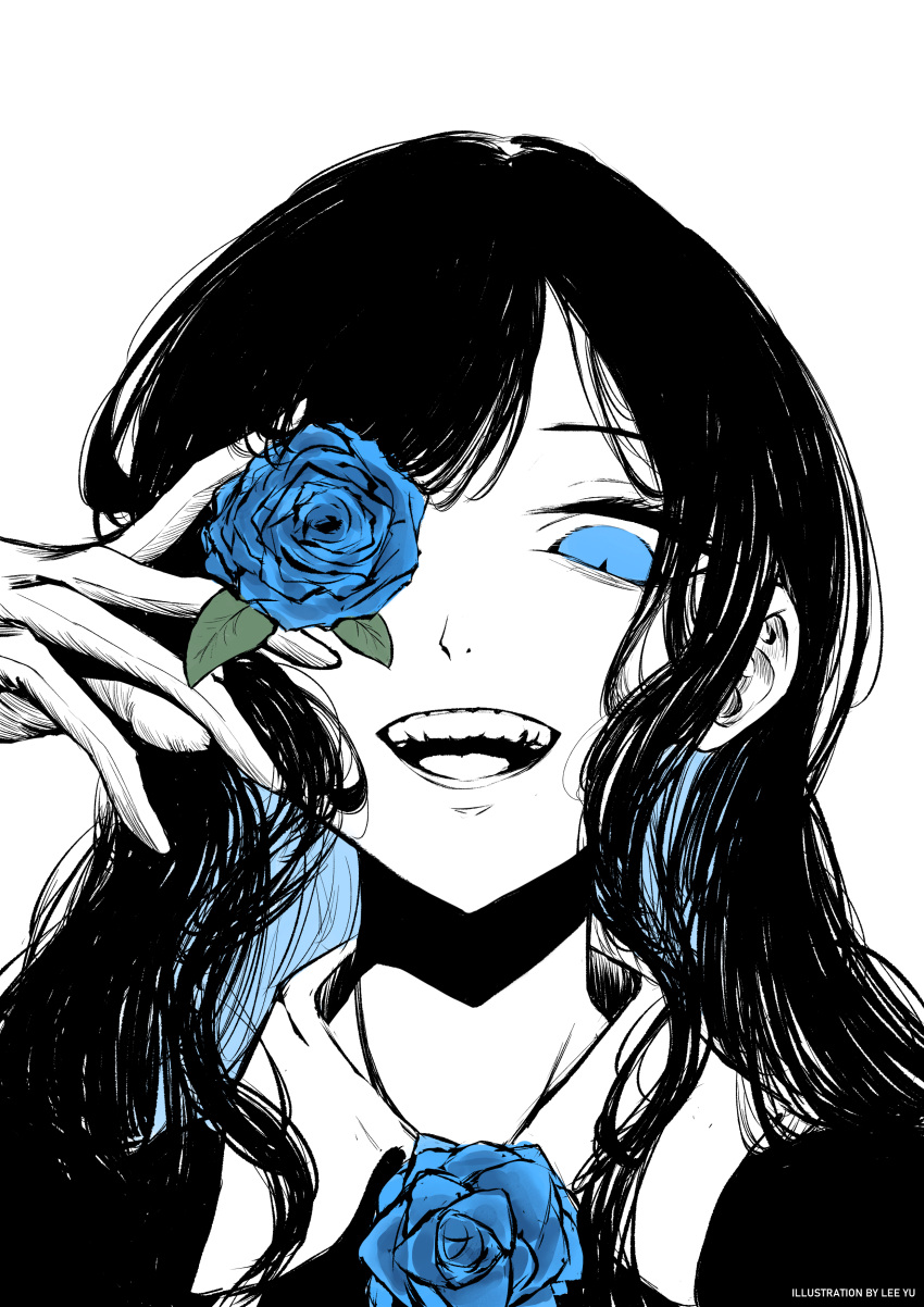 1girl absurdres ado_(utaite) artist_name blue_eyes blue_flower blue_rose chando_(ado) cloud_nine_inc colored_inner_hair commentary curly_hair flower flower_brooch flower_over_eye gloves highres lee_yu long_hair looking_at_viewer multicolored_hair open_mouth portrait rose sidelocks simple_background solo spot_color symbol-only_commentary teeth two-tone_hair upper_teeth_only utaite