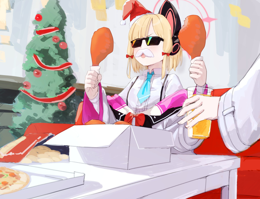 2girls absurdres animal_ear_headphones animal_ears blonde_hair blue_archive blush bow cat_ear_headphones chicken_(food) chips_(food) chise_01234 christmas christmas_tree coat cup fake_animal_ears fake_facial_hair fake_mustache food hair_bow halo hat headphones highres holding holding_cup holding_food indoors long_sleeves midori_(blue_archive) momoi_(blue_archive) multiple_girls off_shoulder open_mouth pizza potato_chips red_bow santa_hat shirt solo_focus sunglasses table white_coat white_shirt