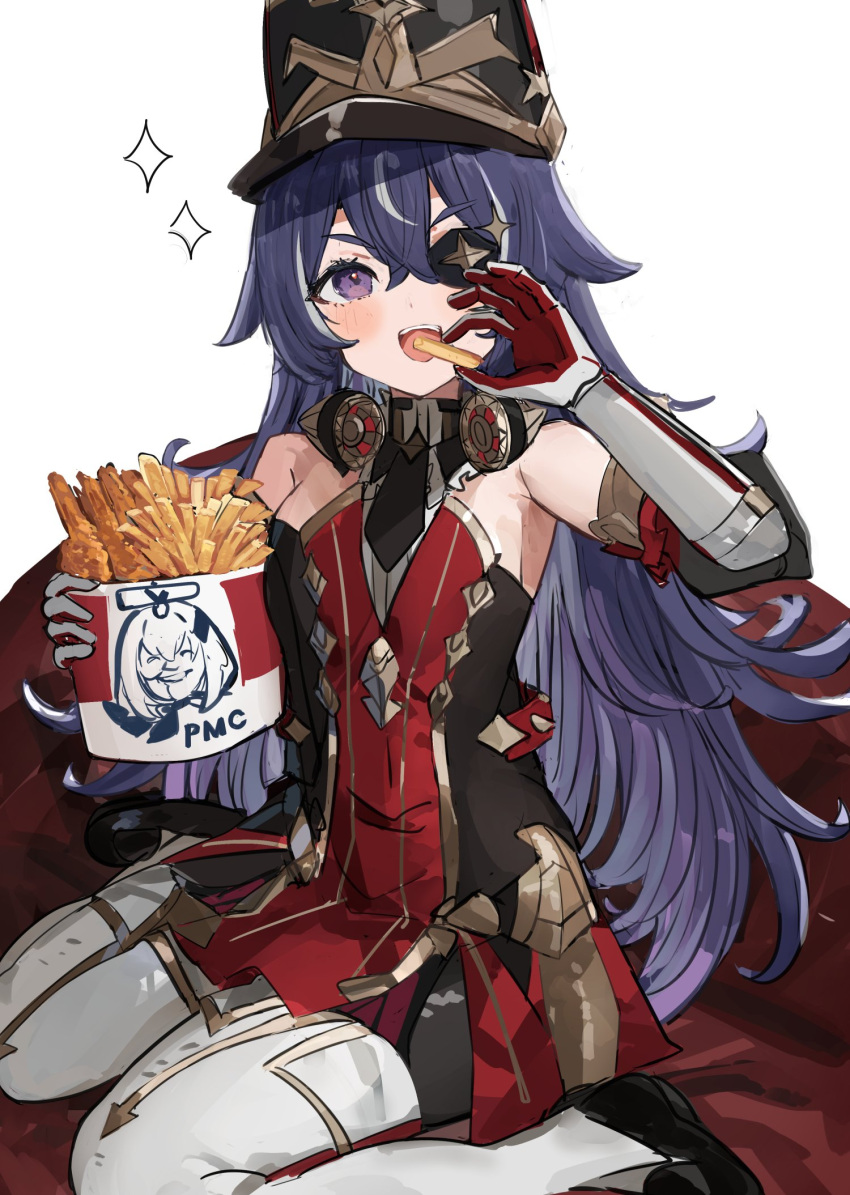 1girl :d bare_shoulders black_dress black_headwear black_necktie boots chevreuse_(genshin_impact) commentary_request detached_collar detached_sleeves dress earmuffs earmuffs_around_neck eyepatch food french_fries fried_chicken genshin_impact gloves gold_trim hat highres holding holding_food kfc long_hair looking_at_viewer multicolored_hair necktie no_mole open_mouth paimon_(genshin_impact) pointy_hair puffy_sleeves purple_hair red_dress shako_cap short_dress simple_background sitting smile solo strapless strapless_dress streaked_hair the_olphy thigh_boots two-tone_dress two-tone_hair very_long_hair violet_eyes wariza white_background white_footwear white_gloves white_hair