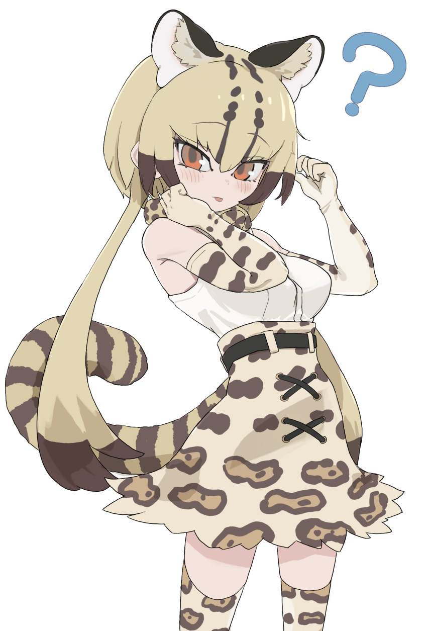 1girl absurdres animal_ears bare_shoulders belt bow bowtie cat_ears cat_girl cat_tail elbow_gloves extra_ears gloves grey_hair highres kemono_friends kunikuni_(kunihiro2005) long_hair looking_at_viewer ocelot_(kemono_friends) ocelot_print red_eyes shirt simple_background skirt sleeveless sleeveless_shirt solo tail thigh-highs twintails