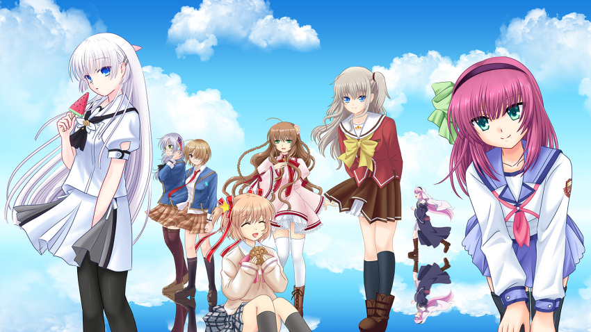 6+girls :d ^_^ ahoge angel_beats! arms_behind_back artist_request black_dress black_hairband black_pantyhose black_socks black_thighhighs blonde_hair blue_eyes blue_jacket blue_sailor_collar blue_skirt blue_sky blunt_bangs bow braid brown_footwear brown_hair brown_skirt brown_thighhighs charlotte_(anime) closed_eyes closed_mouth clouds commentary_request company_connection cowboy_shot crossover day dress floating_clothes floating_hair food frilled_dress frilled_sleeves frills full_body green_bow green_eyes grey_hair hair_between_eyes hair_bow hair_ornament hair_over_one_eye hair_ribbon hairband hand_up hands_on_own_knees heaven_burns_red highres holding holding_food holding_popsicle hoshinoumi_academy_school_uniform izumi_yuki_(heaven_burns_red) jacket juliet_sleeves kamikita_komari kamisama_ni_natta_hi kanbe_kotori kayamori_ruka kazamatsuri_institute_high_school_uniform key_(company) kneehighs knees_up little_busters! loafers long_hair long_ribbon long_sleeves looking_afar looking_at_viewer medium_hair miniskirt multiple_crossover multiple_girls nakamura_yuri naruse_shiroha necktie nun one_eye_covered open_clothes open_jacket open_mouth outdoors pantyhose pink_dress pink_hair plaid plaid_skirt pleated_skirt popsicle puffy_short_sleeves puffy_sleeves purple_hair red_eyes red_necktie red_ribbon red_shirt reflective_floor rewrite ribbon sailor_collar satou_hina_(kamisama_ni_natta_hi) school_uniform serafuku shinda_sekai_sensen_uniform shirt shoes short_dress short_hair short_sleeves sidelocks sitting skirt sky sleeves_past_wrists smile socks split_mouth standing star_(symbol) star_hair_ornament straight_hair summer_pockets sweater sweets thigh-highs tomori_nao twin_braids two_side_up v_arms very_long_hair watermelon_bar wavy_hair white_hair white_sailor_collar white_shirt white_skirt white_thighhighs wide_sleeves yellow_bow yellow_sweater zettai_ryouiki