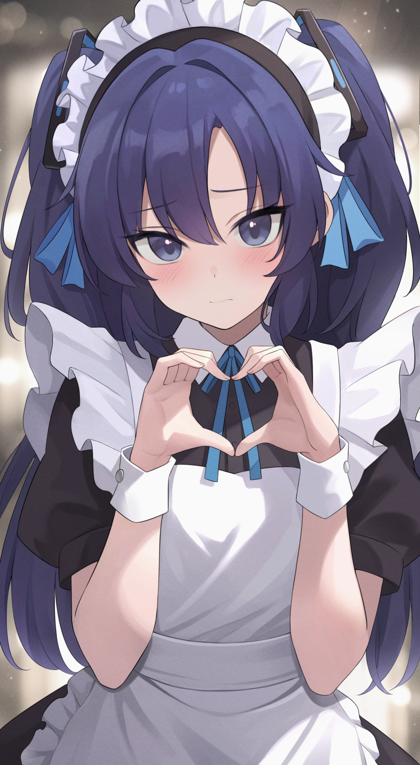 1girl absurdres alternate_costume apron blue_archive blue_bow blue_bowtie blurry blush bow bowtie depth_of_field enmaided frilled_apron frills halo heart heart_hands highres long_hair looking_at_viewer maid maid_apron maid_headdress parted_bangs purple_hair short_sleeves sidelocks solo two_side_up violet_eyes white_apron wrist_cuffs yuuka_(blue_archive) zeatto
