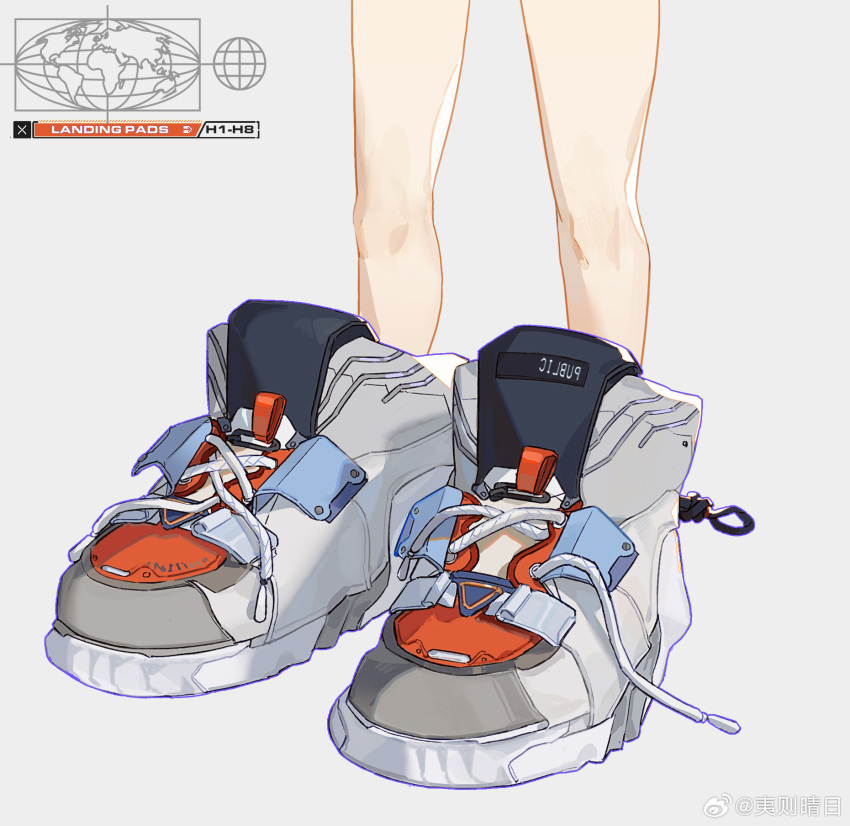 1other ambiguous_gender bare_legs chinese_commentary commentary_request english_text feet_only grey_background grey_footwear highres knees logo shoelaces shoes simple_background sneakers solo splatoon_(series) watermark weibo_logo weibo_username yize_qingri