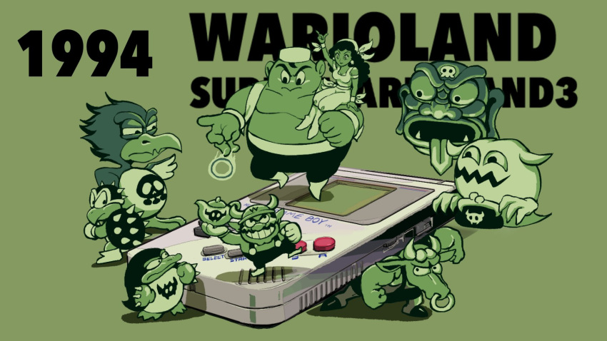 1girl 2boys arm_up bandana bobo_(wario_land) boots captain_syrup carrying cleft_chin clenched_hands closed_mouth commentary copyright_name dated devil's_head english_commentary facial_hair fake_horns fangs game_boy game_boy_(original) genie genie_(wario_land) ghost ghost_(wario_land:_super_mario_land_3) gloves green_background grin handheld_game_console helmet highres holding horned_helmet horns long_hair looking_back minotaur_(wario_land) multiple_boys mustache nose_piercing nose_ring oil_lamp overalls pants penguin_(wario_land) piercing rinabee_(rinabele0120) shirt shoes shoulder_carry simple_background skull_print sleeveless sleeveless_shirt smile spiked_koopa spiked_shell spikes super_mario_bros. teeth tongue tongue_out turtle_shell v-shaped_eyebrows wario wario_land wario_land:_super_mario_land_3 wristband