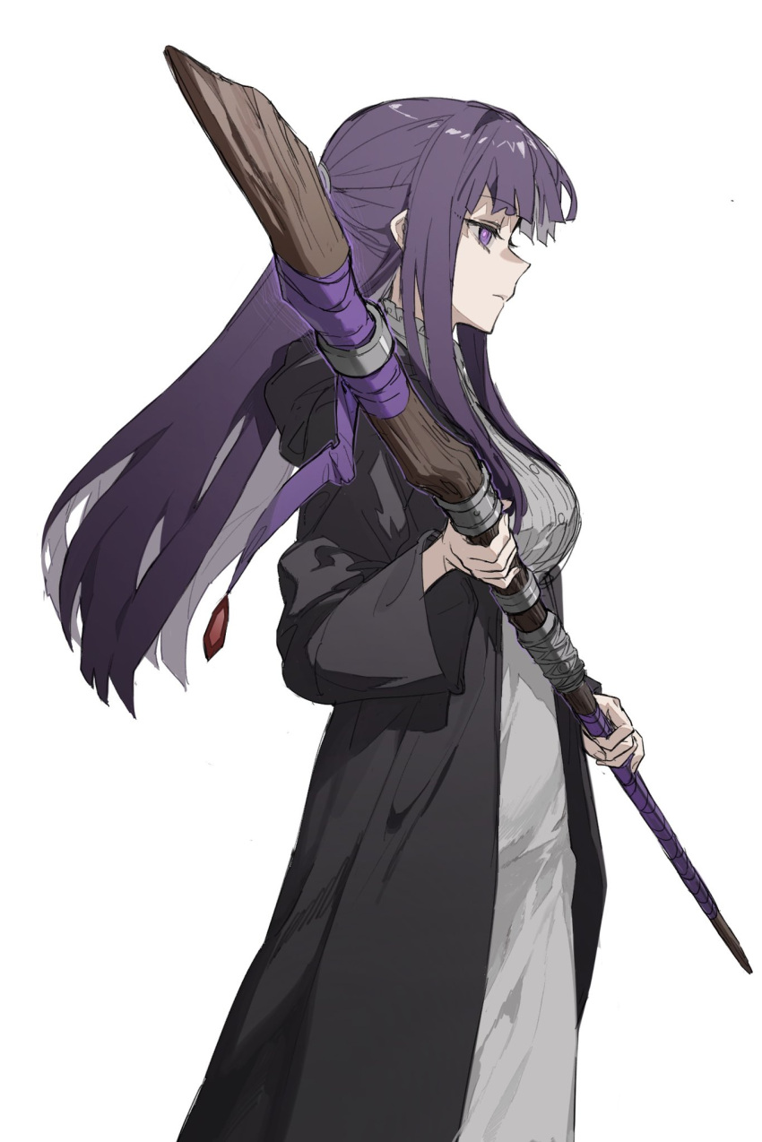 1girl black_coat black_robe blunt_bangs breasts coat collar dress expressionless fern_(sousou_no_frieren) frilled_collar frills highres holding holding_staff long_hair long_sleeves mage_staff purple_hair raito47 robe sidelocks simple_background sousou_no_frieren staff straight_hair violet_eyes white_background white_dress wooden_staff