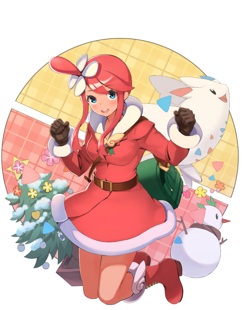 black_gloves blue_eyes christmas_tree dress fur_trim gloves highres hirono_(hxze4434) kneeling looking_at_viewer one_side_up open_mouth pokemon red_dress redhead santa_dress short_hair_with_long_locks sidelocks skyla_(holiday_2020)_(pokemon) skyla_(pokemon) smile snowman togekiss