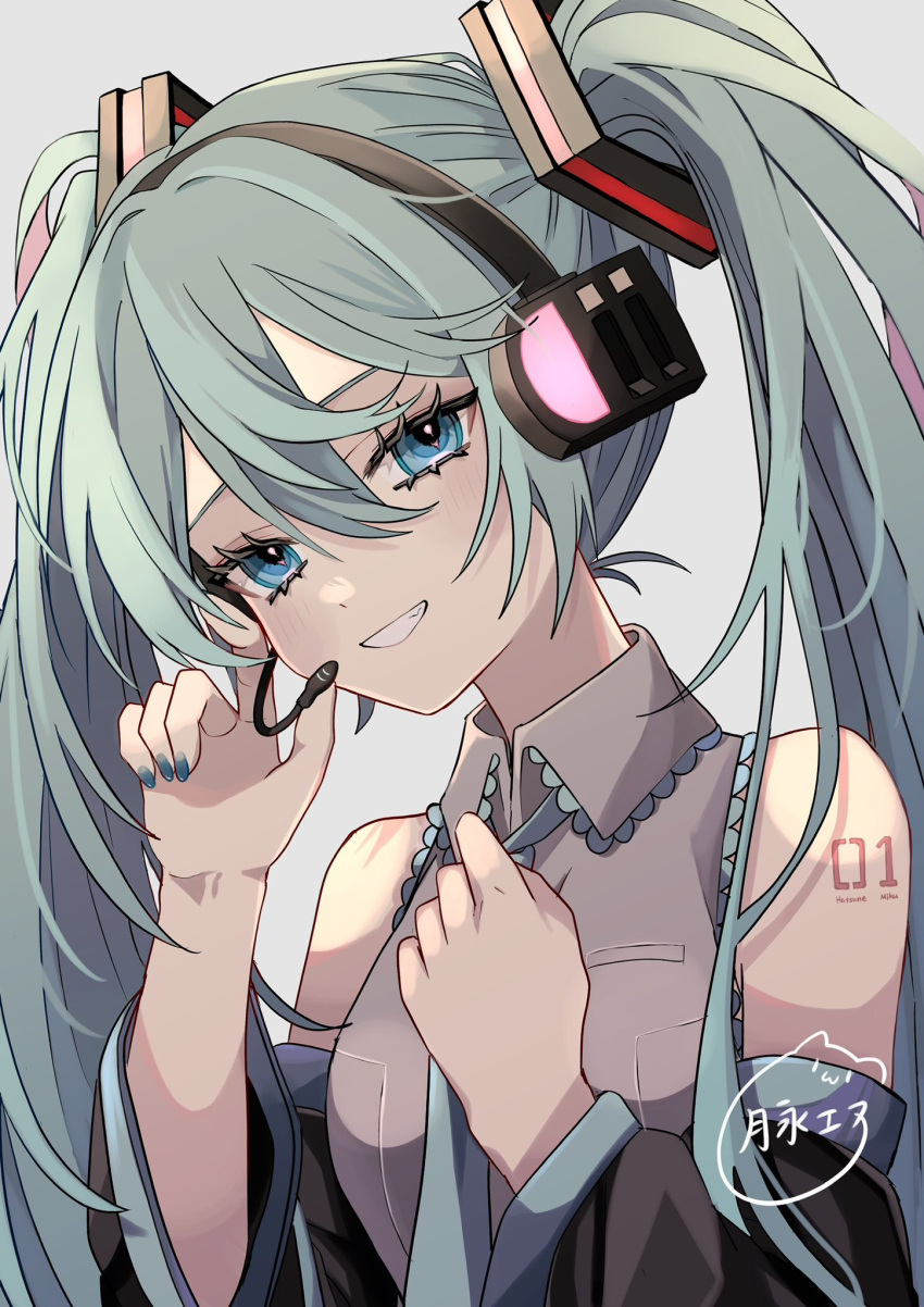 1girl :d bare_shoulders black_sleeves blue_eyes blue_hair blue_nails blue_necktie collared_shirt detached_sleeves frilled_shirt frills grey_background grey_shirt grin hair_between_eyes hair_ornament hand_on_headwear hatsune_miku head_tilt headset highres holding_necktie long_hair long_sleeves looking_at_viewer microphone naguno-0713 nail_polish necktie number_tattoo open_mouth shirt sidelocks simple_background sleeveless sleeveless_shirt smile solo tattoo teeth twintails upper_body very_long_hair vocaloid watermark
