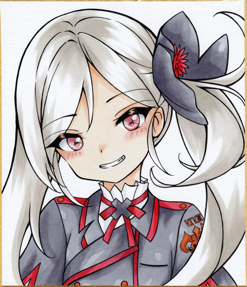 1girl black_footwear blue_archive blush commentary_request dakkusu flower grey_hair grey_jacket grin hair_flower hair_ornament head_tilt highres jacket long_hair looking_at_viewer marker_(medium) mutsuki_(blue_archive) parted_bangs red_eyes shirt side_ponytail smile solo traditional_media upper_body white_shirt