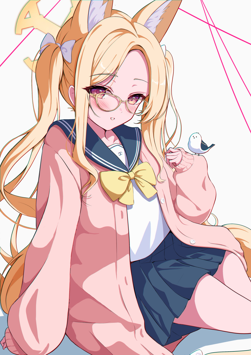 1girl absurdres animal animal_ear_fluff animal_ears bespectacled bird black_sailor_collar black_skirt blonde_hair blue_archive blush cardigan extra_ears fox_ears glasses highres long_hair long_sleeves looking_at_viewer open_cardigan open_clothes open_mouth pink_cardigan pleated_skirt sailor_collar school_uniform seia_(blue_archive) serafuku simple_background skirt solo tarakopng white_background white_bird yellow_eyes