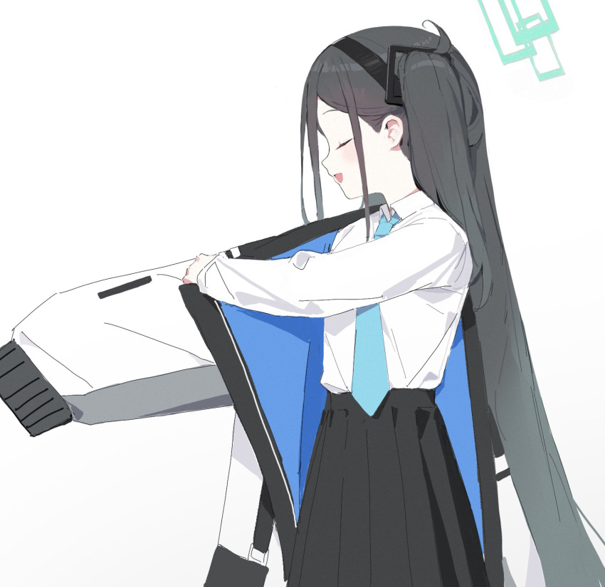 1girl absurdly_long_hair aris_(blue_archive) black_hair black_hairband black_skirt blue_archive blue_necktie blush closed_eyes collared_shirt commentary_request countryman_(artist) from_side green_halo hairband halo highres jacket long_hair long_sleeves necktie open_mouth pleated_skirt profile shirt simple_background skirt smile solo two-sided_fabric two-sided_jacket very_long_hair white_background white_shirt