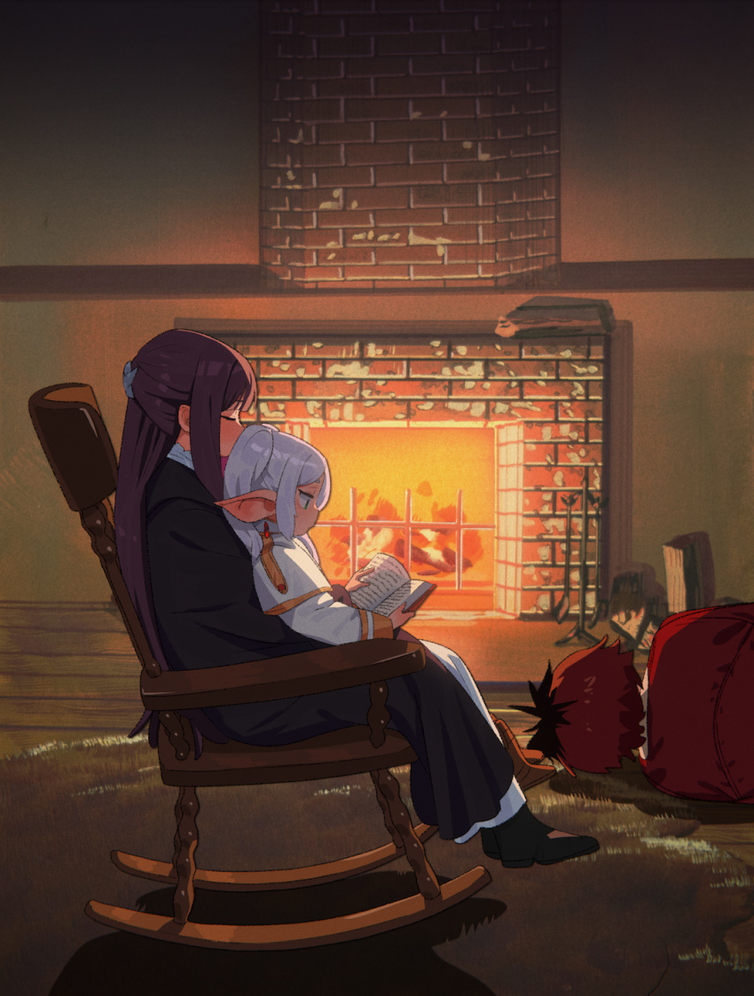 1boy 2girls black_coat black_hair black_robe blunt_bangs book capelet chair coat collar commentary_request elf fern_(sousou_no_frieren) fire fireplace fireplace_tool_stand firewood frieren frilled_collar frills green_eyes highres holding holding_book long_hair multicolored_hair multiple_girls on_chair on_floor pointy_ears purple_hair reading redhead robe rocking_chair ryusei_hashida sitting sitting_on_lap sitting_on_person sousou_no_frieren stark_(sousou_no_frieren) straight_hair twintails two-tone_hair white_capelet white_hair