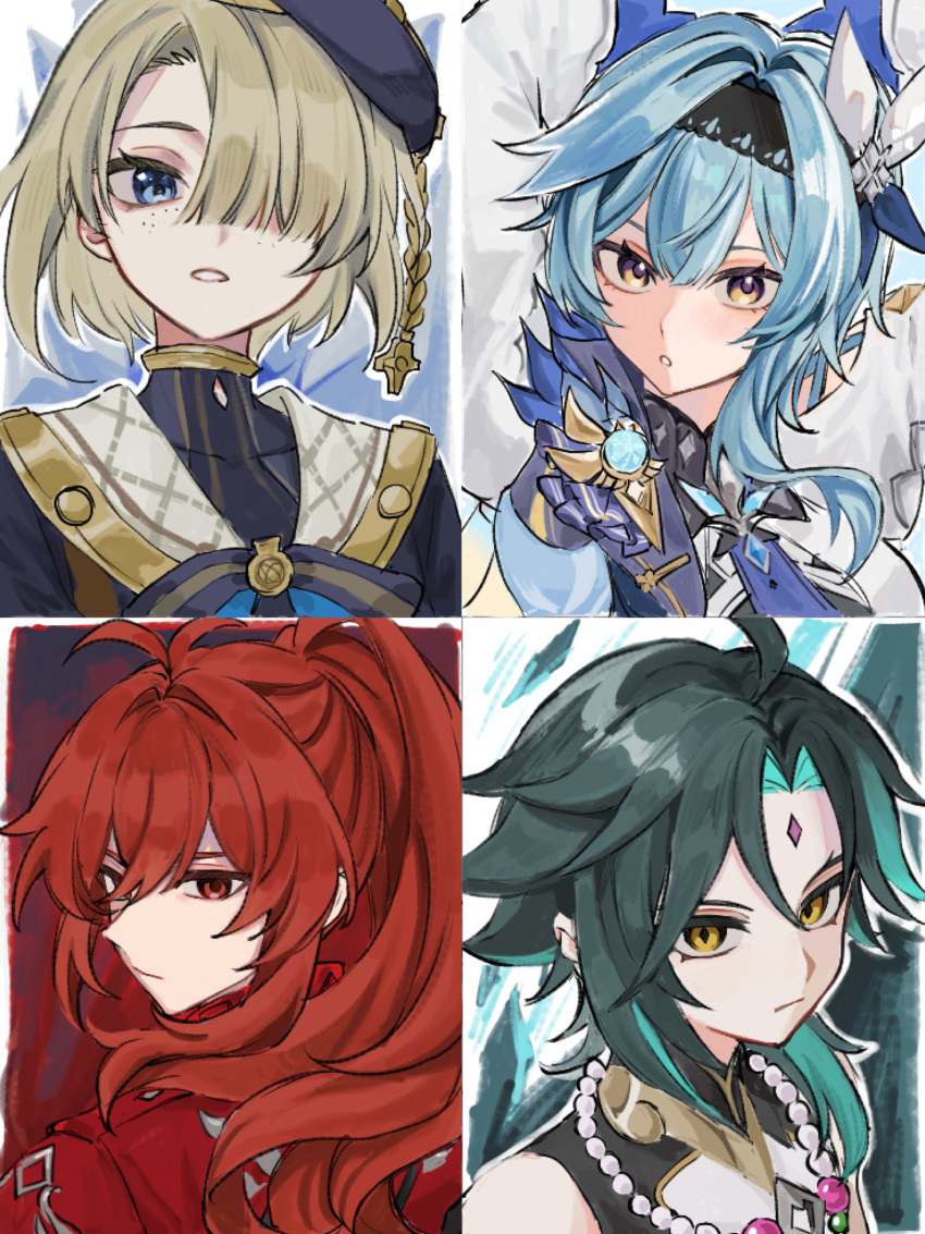 1girl 3boys absurdres aqua_eyes arms_up bead_necklace beads black_hair blonde_hair blue_eyes closed_mouth diluc_(genshin_impact) diluc_(red_dead_of_night)_(genshin_impact) eula_(genshin_impact) facial_mark forehead_mark freckles freminet_(genshin_impact) genshin_impact hair_between_eyes hair_ornament hair_over_one_eye hairband highres jewelry long_hair looking_at_viewer ma_y_yyyo multicolored_hair multiple_boys necklace orange_eyes parted_lips ponytail red_eyes redhead vision_(genshin_impact) xiao_(genshin_impact)