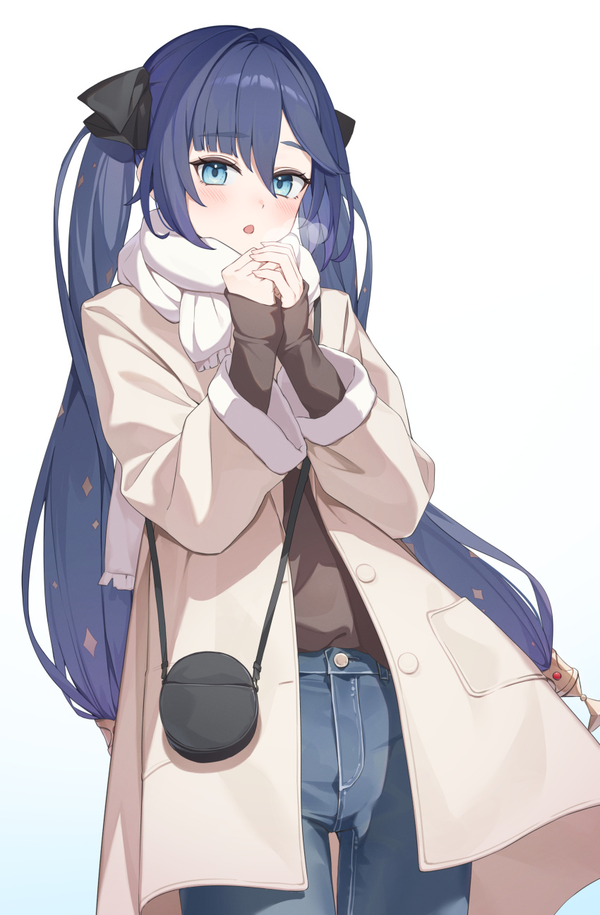 1girl absurdres alternate_costume bag blue_eyes blue_hair brown_coat brown_shirt coat cowboy_shot denim genshin_impact gradient_background highres jeans long_sleeves looking_at_viewer mona_(genshin_impact) open_mouth own_hands_together pants scarf shirt shoulder_bag simple_background solo standing twintails white_scarf yuu_maraa