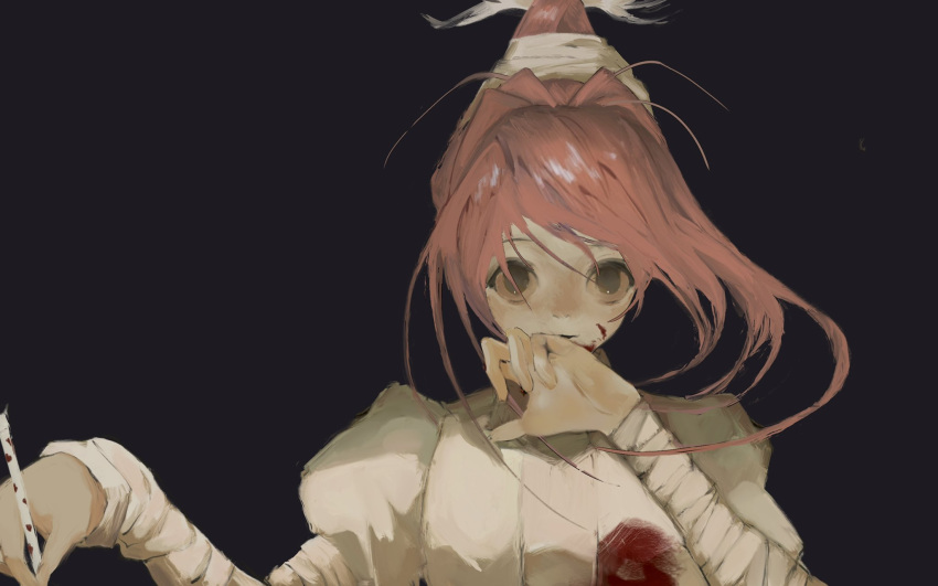 arm_wrap bandaged_arm bandages blood blood_on_clothes blood_on_face hair_ornament hand_to_own_mouth hands_up highres holding holding_pen hunter_x_hunter juliet_sleeves kkknoume long_hair long_sleeves looking_at_viewer neon_nostrade outstretched_arm pen pink_hair puffy_sleeves simple_background sleeves_past_wrists solo straight-on updo upper_body