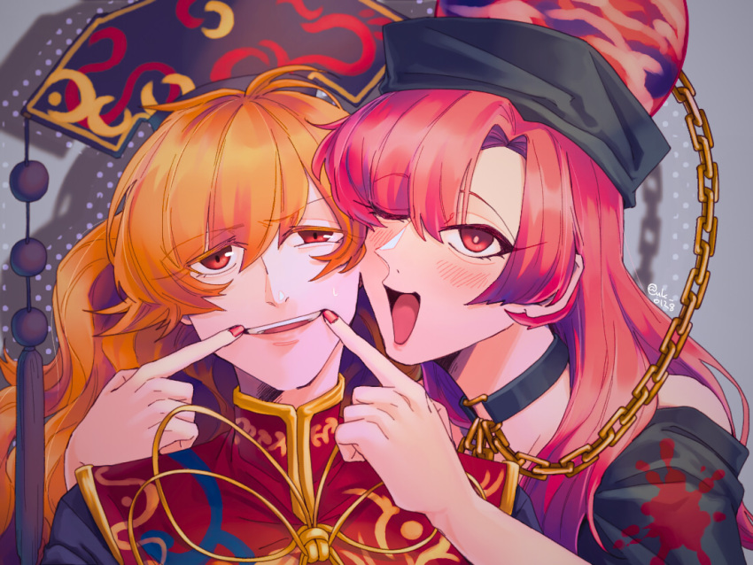 2girls :d black_shirt chain cheek-to-cheek chinese_clothes collar forced_smile gold_chain half-closed_eyes heads_together hecatia_lapislazuli junko_(touhou) long_hair multiple_girls off-shoulder_shirt off_shoulder one_eye_closed orange_hair phoenix_crown raya_(uk_0128) red_eyes red_nails redhead shirt smile tabard touhou unamused upper_body