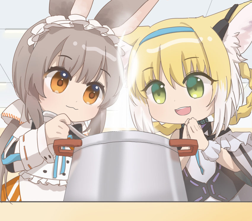 2girls :3 animal_ears arknights braid braided_hair_rings brown_hair closed_mouth colored_tips cooking cooking_pot earpiece fox_ears fox_girl green_eyes highres holding holding_spoon infection_monitor_(arknights) long_hair long_sleeves multicolored_hair multiple_girls open_mouth orange_eyes own_hands_together palms_together rabbit_ears rabbit_girl simiload_(bilulanlu299) spoon steam suzuran_(arknights) teeth twin_braids twintails two-tone_hair upper_teeth_only warmy_(arknights) white_hair
