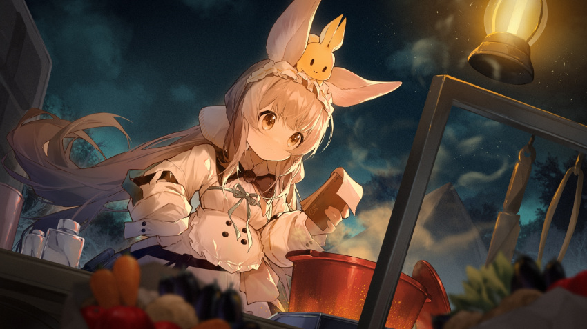 1girl animal_ears animal_on_head apron arknights black_bow black_bowtie blonde_hair bow bowtie carrot closed_mouth commentary_request eggplant food frown highres holding holding_notepad jacket jiusan_naitang knife lantern long_hair long_sleeves maid maid_apron maid_headdress night night_sky notepad on_head orange_eyes outdoors rabbit rabbit_ears rabbit_girl rabbit_on_head salt_shaker sky smile solo tent tomato upper_body warmy_(arknights) white_apron white_jacket |_|