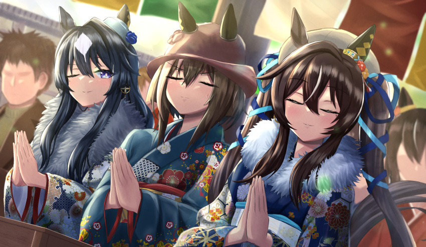 1boy 4girls :3 alternate_costume animal_ears blue_eyes blue_hair blue_kimono blush brown_hair cheval_grand_(umamusume) chibi closed_eyes closed_mouth cowboy_shot ear_ornament floral_print_kimono flower fur_collar fusou_(fuso0205) hair_between_eyes hair_flower hair_ornament hatsumoude highres horse_ears horse_girl horse_tail japanese_clothes kimono long_hair long_sleeves looking_at_viewer matching_outfits multicolored_hair multiple_girls obi one_eye_closed own_hands_together praying purple_hair sandals sash short_hair siblings sidelocks sisters smile socks sweatdrop tail twintails two-tone_hair umamusume verxina_(umamusume) vivlos_(umamusume) white_fur white_hair white_socks zouri