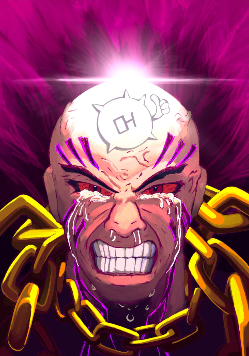 1boy angry artist_request bald bloodshot_eyes chain clenched_teeth coat facial_tattoo fur_collar highres korean_text limbus_company neck_tattoo project_moon purple_coat red_eyes ricardo_(project_moon) snot solo solo_focus tattoo tears teeth thumbs_up veins you're_bald_(lobotomy_corporation)