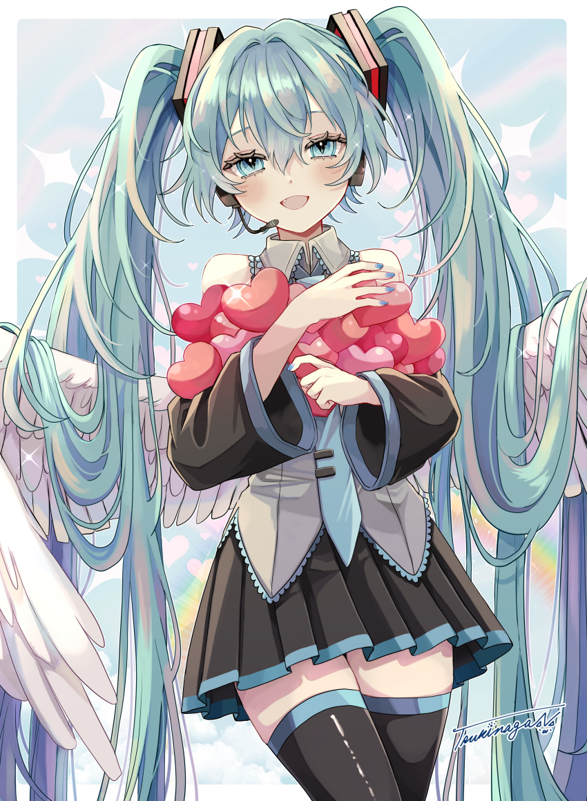 1girl :d absurdres black_skirt black_thighhighs blue_eyes blue_hair blue_nails blue_necktie blue_sky blush border collared_shirt day diamond_(shape) dot_nose dutch_angle fang feathered_wings frilled_shirt frills glint grey_shirt hair_between_eyes hatsune_miku headset heart highres hugging_object legs_together looking_at_viewer microphone miniskirt naguno-0713 nail_polish necktie open_mouth outdoors outside_border pleated_skirt rainbow shirt sidelocks signature skirt sky sleeveless sleeveless_shirt smile solo thigh-highs thighs tie_clip twintails vocaloid white_border white_wings wings zettai_ryouiki