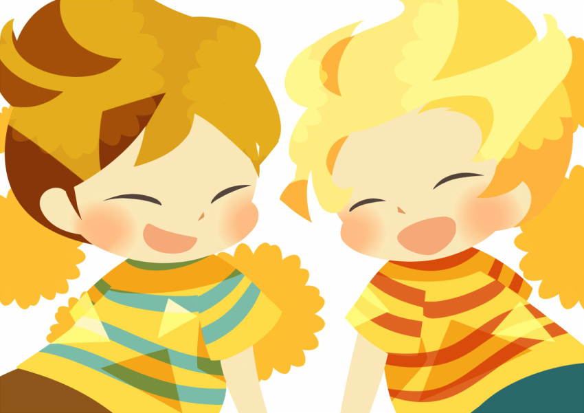 2boys blonde_hair blush brothers brown_hair claus_(mother_3) closed_eyes facing_another flower happy hitofutarai lucas_(mother_3) male_focus mother_(game) mother_3 multiple_boys open_mouth short_sleeves siblings white_background yellow_flower