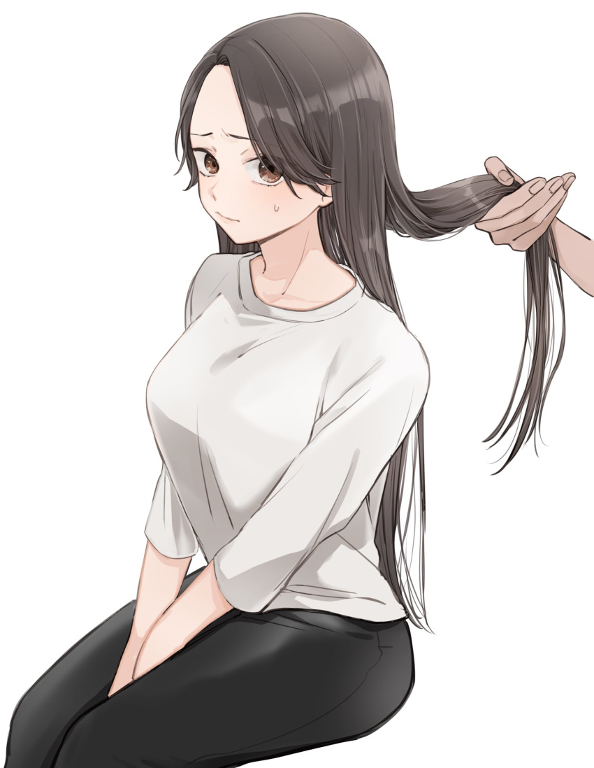 1girl 1other black_pants blush breasts brown_eyes brown_hair closed_mouth furrowed_brow highres holding_another's_hair kyoi_hey long_hair long_sleeves looking_at_viewer medium_breasts original pants parted_bangs shirt sitting sweat upper_body white_background white_shirt