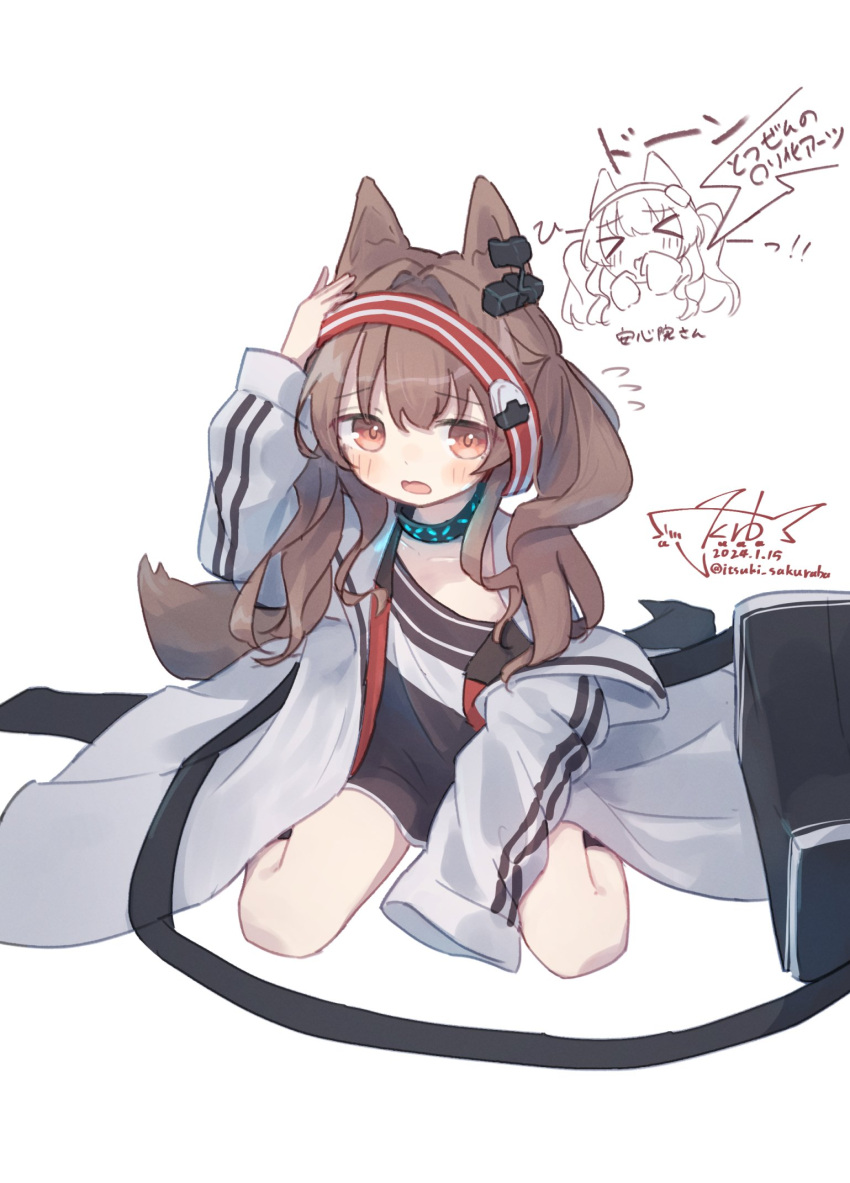1girl aged_down angelina_(arknights) animal_ears arknights blush brown_hair dated fox_ears fox_girl highres infection_monitor_(arknights) long_hair long_sleeves open_mouth ouba_itsuki red_eyes signature sitting sleeves_past_fingers sleeves_past_wrists translation_request twintails wariza white_background