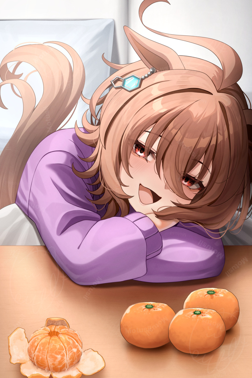1girl agnes_tachyon_(umamusume) ahoge animal_ears arms_on_table blush brown_hair chemical_structure commentary_request crossed_arms earrings food fruit hair_between_eyes head_rest highres horse_ears horse_girl horse_tail jewelry kotatsu long_sleeves looking_at_viewer mandarin_orange messy_hair motsushi official_alternate_costume open_mouth purple_sweater red_eyes short_hair single_earring sitting smile solo sweater table tail umamusume