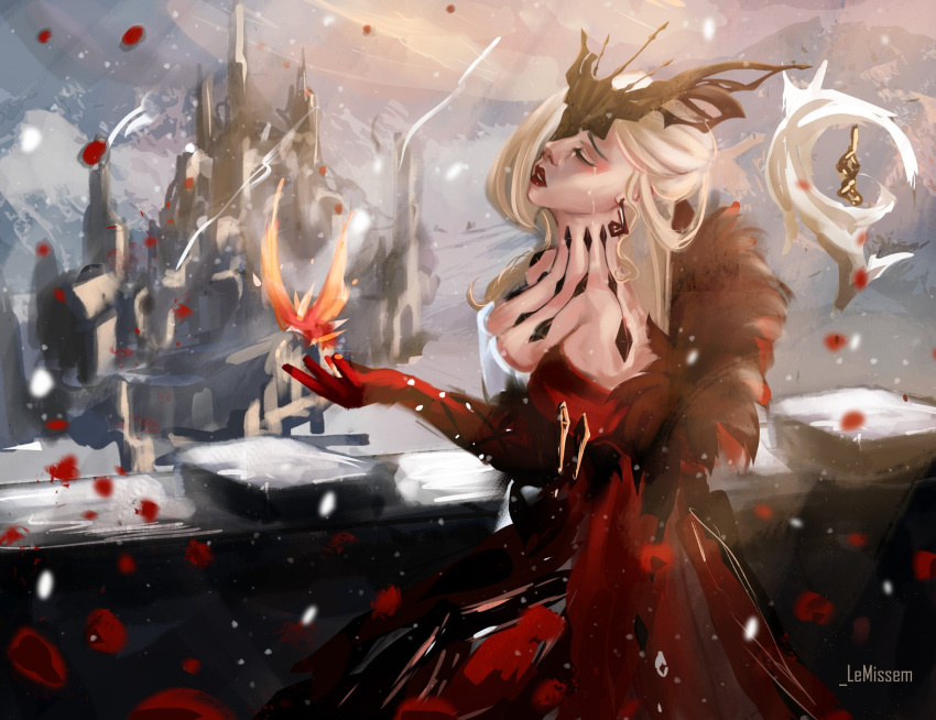 1girl bare_shoulders cape castle closed_eyes crimson_lotus_moth_(genshin_impact) crying dress earrings genshin_impact gloves highres jewelry mask mask_over_one_eye missem red_cape red_lips signora_(genshin_impact) solo strapless strapless_dress streaming_tears tagme tears twitter_username