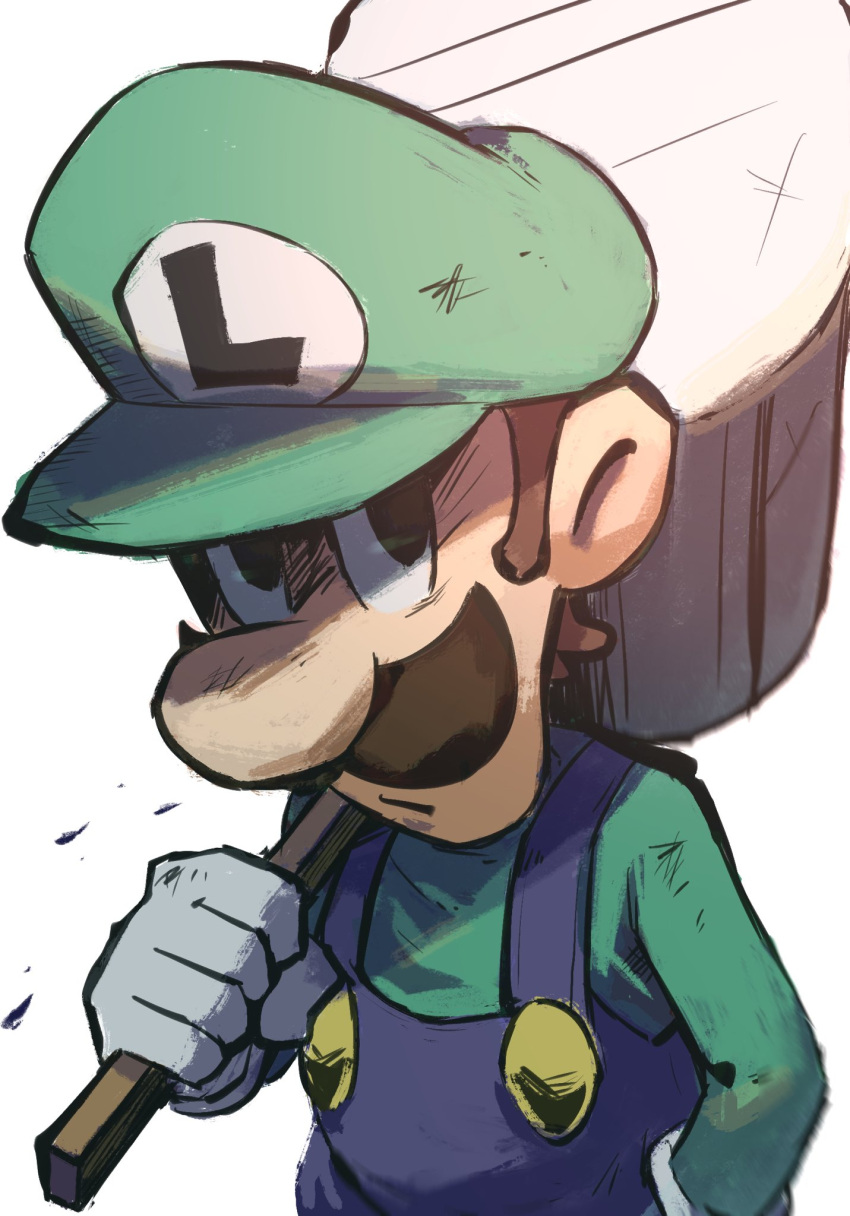 1boy blue_overalls brown_hair facial_hair gloves green_headwear green_shirt hammer hand_in_pocket hat highres holding holding_hammer looking_at_viewer luigi mari_luijiroh mario_&amp;_luigi_rpg masanori_sato_(style) mustache over_shoulder overalls shirt short_hair simple_background solo super_mario_bros. upper_body weapon weapon_over_shoulder white_background white_gloves