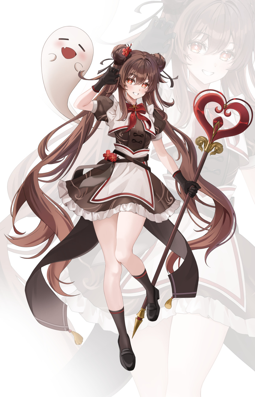 1girl absurdres apron black_dress black_footwear black_socks boo_tao_(genshin_impact) brown_eyes brown_hair commentary_request double_bun dress genshin_impact grin hair_bun hasom highres holding holding_staff hu_tao_(genshin_impact) long_hair looking_at_viewer puffy_short_sleeves puffy_sleeves shoes short_sleeves smile socks staff thighs twintails very_long_hair white_apron white_background zoom_layer