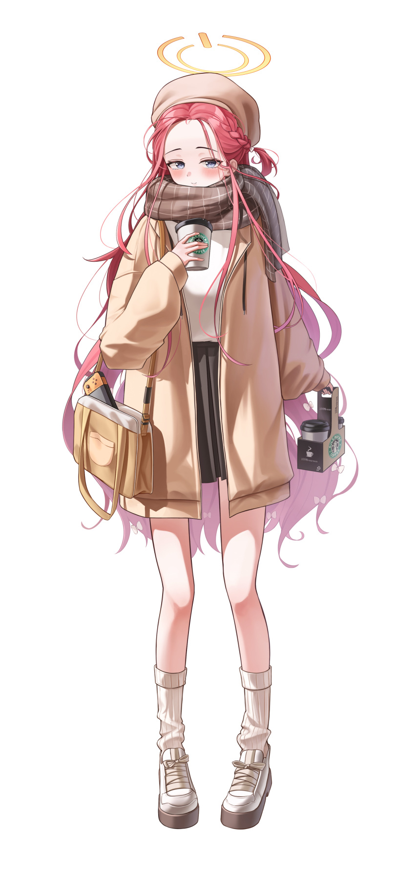 1girl absurdres alternate_costume beret blue_archive blush bow brown_headwear brown_jacket closed_mouth coffee_cup cup disposable_cup full_body grey_eyes hair_bow halo hat highres holding holding_cup jacket long_hair long_sleeves looking_at_viewer open_clothes open_jacket redhead shoes simple_background smile socks solo starbucks tiokun7 white_background white_bow white_footwear white_socks yellow_halo yuzu_(blue_archive)