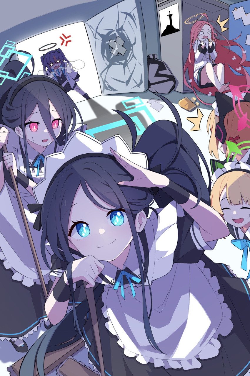 &lt;key&gt;_(blue_archive) 5girls ^^^ absurdly_long_hair absurdres anger_vein angry animal_ear_headphones animal_ears apron aris_(blue_archive) aris_(maid)_(blue_archive) black_dress black_hair black_skirt blonde_hair blue_archive blue_eyes blue_halo blue_necktie closed_mouth collared_shirt dress fake_animal_ears frilled_apron frills game_development_department_(blue_archive) green_halo halo headphones highres jacket long_hair long_sleeves looking_at_viewer maid maid_headdress mechanical_halo midori_(blue_archive) midori_(maid)_(blue_archive) mmhomm momoi_(blue_archive) momoi_(maid)_(blue_archive) mop multiple_girls necktie official_alternate_costume open_mouth pink_halo pleated_skirt puffy_short_sleeves puffy_sleeves red_eyes redhead ringed_eyes shaded_face shirt short_hair short_sleeves skirt smile suit very_long_hair white_apron white_jacket white_shirt yellow_halo yuuka_(blue_archive) yuzu_(blue_archive)