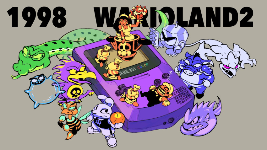 1boy 1girl :o aircraft arm_up awabo_(wario_land) bag ball bandana basketball_(object) bee big_kamukamu bird bobo_(wario_land) buck_teeth bug captain_syrup cave_master claws closed_eyes closed_mouth commentary copyright_name dated drooling dunk_(wario_land) english_commentary facial_hair fish frown game_boy game_boy_color ghost_(wario_land_ii) giant_bee_(wario_land) giant_snake_(wario_land) gloves grey_background handheld_game_console hat highres holding holding_ball long_hair looking_at_another lying mecha_kuri mustache on_back open_mouth overalls pants pirate_goom pointy_ears rinabee_(rinabele0120) sack sharp_teeth shirt shoes short_sleeves simple_background skull_print sleeping sleeveless sleeveless_shirt smile smirk snake super_mario_bros. talons teeth tongue tongue_out tusks v-shaped_eyebrows violet_eyes wario wario_land wario_land_ii wristband zzz