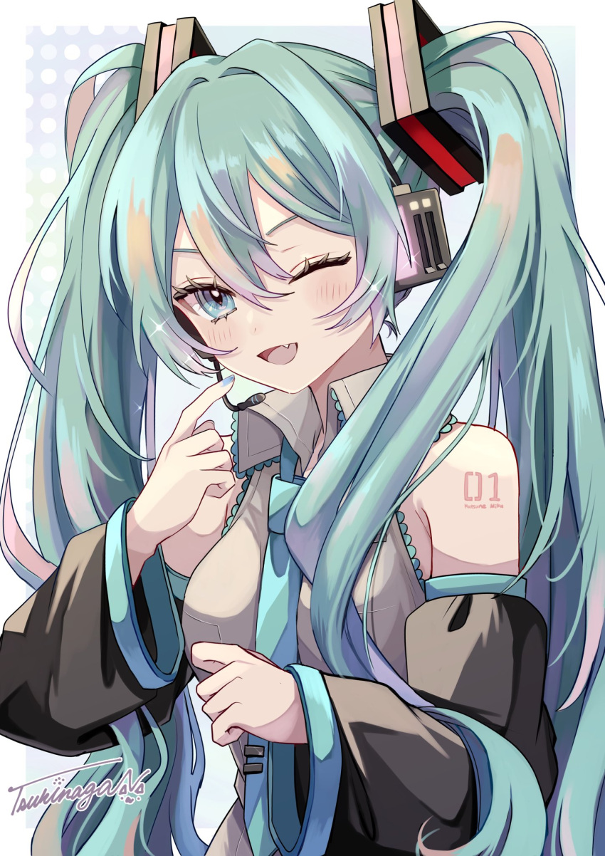 1girl :d bare_shoulders black_sleeves blue_eyes blue_hair blue_nails blue_necktie blush border collared_shirt detached_sleeves dot_nose fang frilled_shirt frills grey_shirt hair_between_eyes hair_ornament hatsune_miku headset highres long_hair long_sleeves looking_at_viewer microphone naguno-0713 nail_polish necktie number_tattoo one_eye_closed open_mouth polka_dot polka_dot_background shirt sidelocks signature simple_background sleeveless sleeveless_shirt smile solo tattoo tie_clip twintails upper_body v-shaped_eyebrows vocaloid white_border wing_collar