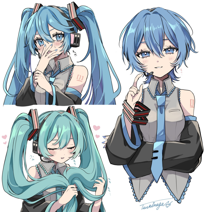 3girls :d aqua_hair aqua_nails black_sleeves blue_eyes blue_hair blue_necktie blush closed_eyes collared_shirt covering_own_mouth cropped_torso detached_sleeves dot_nose facing_viewer frilled_shirt frills grey_shirt hair_between_eyes hair_intakes hair_ornament hand_up hatsune_miku head_tilt headset heart highres holding_own_hair long_hair long_sleeves looking_at_viewer medium_hair microphone multiple_girls multiple_persona naguno-0713 nail_polish necktie number_tattoo open_mouth shirt sidelocks signature simple_background sleeveless sleeveless_shirt smile straight-on tattoo tie_clip twintails very_long_hair vocaloid white_background wolf_cut