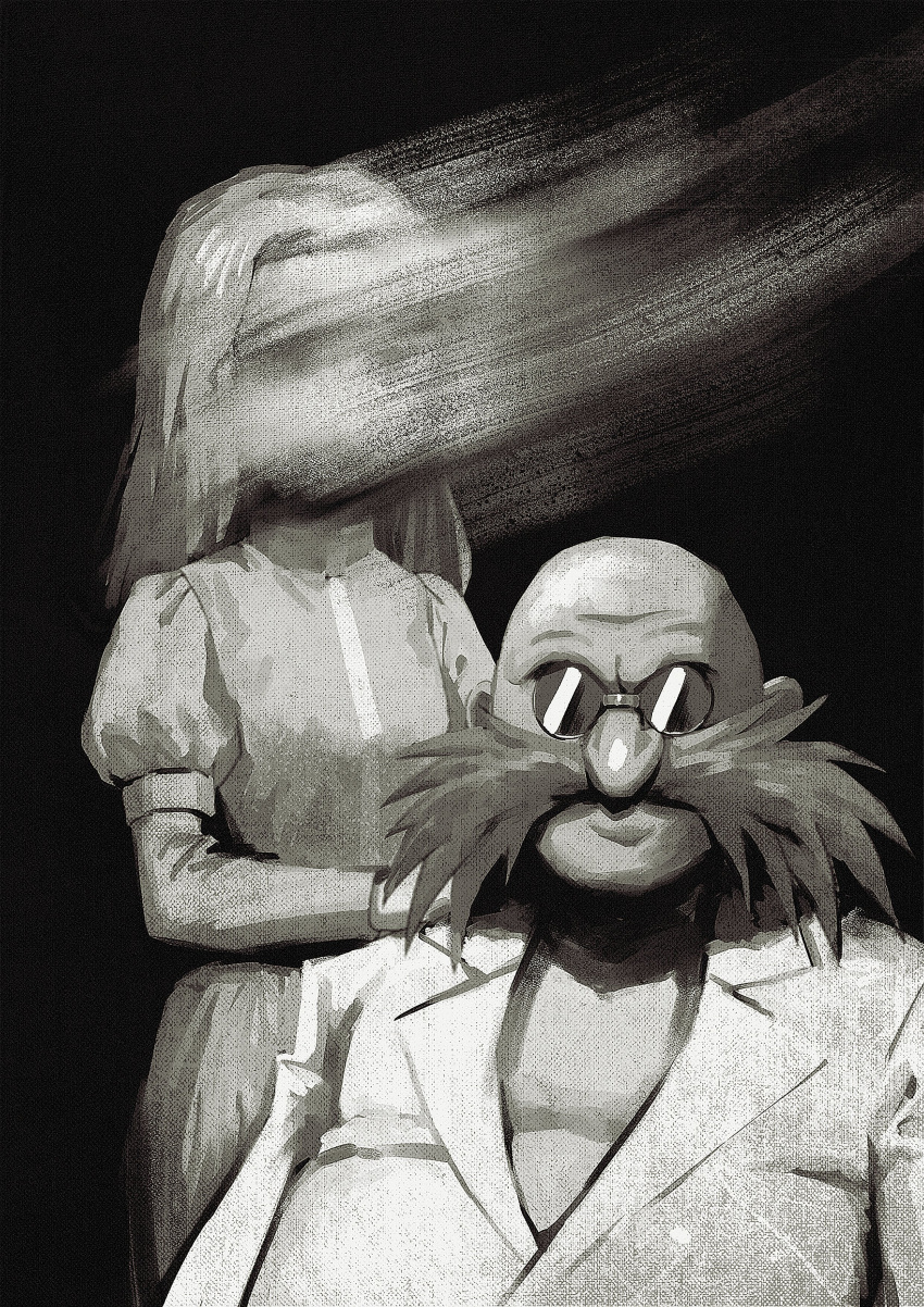 1boy 1girl absurdres bald black_background dress english_commentary facial_hair family_portrait gerald_robotnik glasses grandfather_and_granddaughter hand_on_another's_shoulder highres hyeon_sonic juliet_sleeves lab_coat long_hair long_sleeves looking_at_viewer maria_robotnik monochrome mustache puffy_sleeves smudge sonic_(series) sonic_adventure_2 turtleneck_dress