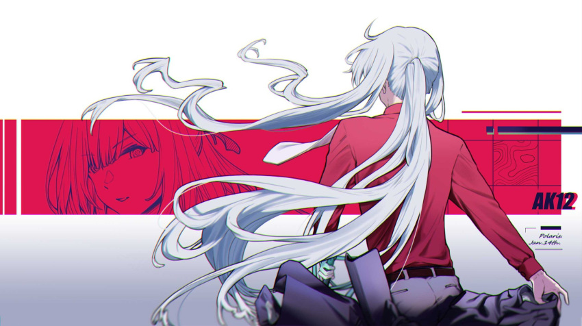1girl ak-12_(girls'_frontline) artist_name back black_jacket black_pants character_name collared_shirt dated floating_hair girls_frontline grey_hair highres holding holding_clothes holding_jacket jacket long_hair pants parted_lips ponytail purinmeow red_shirt shirt simple_background solo unusually_open_eyes upper_body