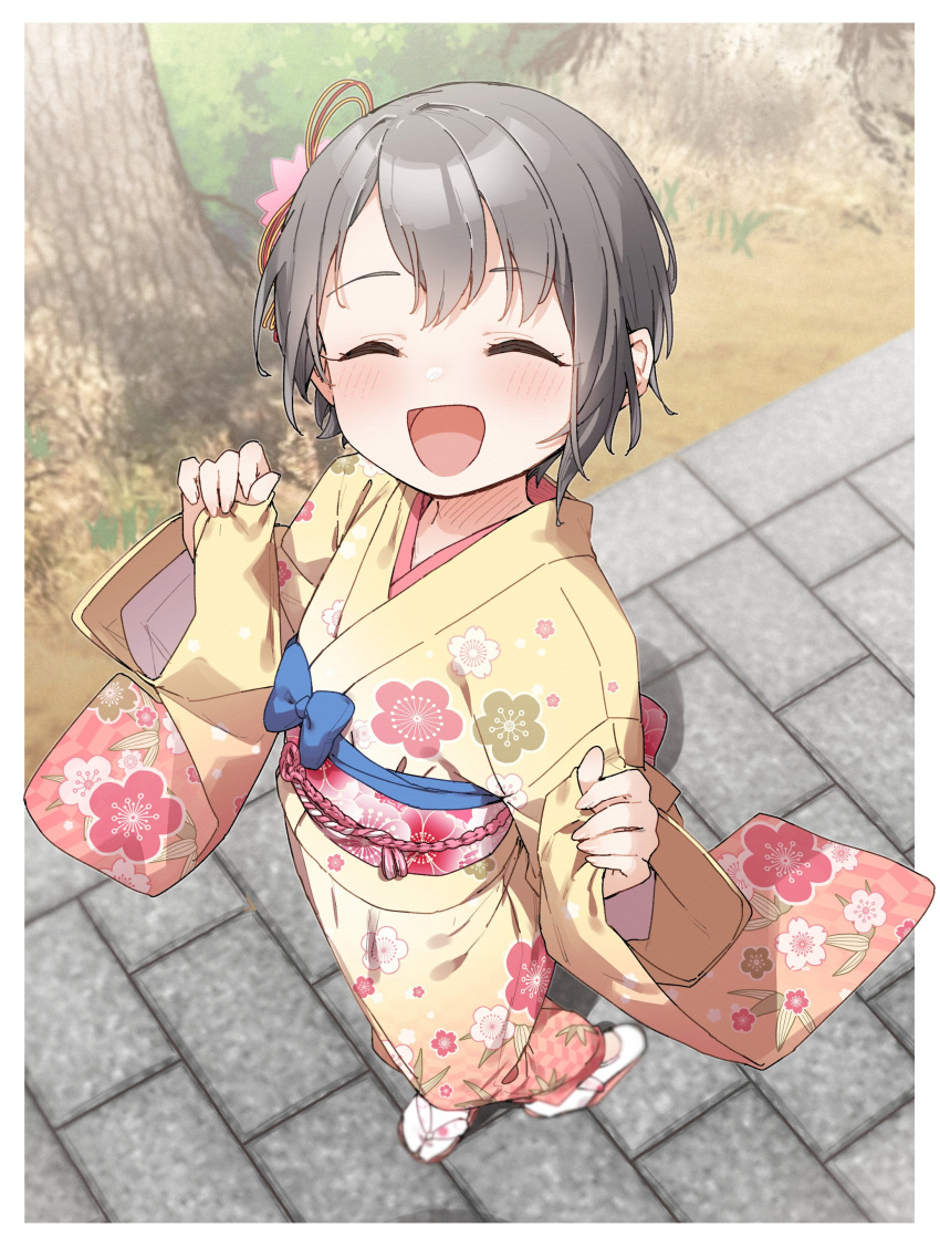 1girl :d ^_^ absurdres blush brown_footwear closed_eyes commentary_request copyright_request day facing_viewer floral_print full_body grey_hair highres japanese_clothes kimono long_sleeves outdoors pinching_sleeves print_kimono sleeves_past_wrists smile socks solo standing tabi tree white_socks wide_sleeves yellow_kimono yukie_(kusaka_shi) zouri