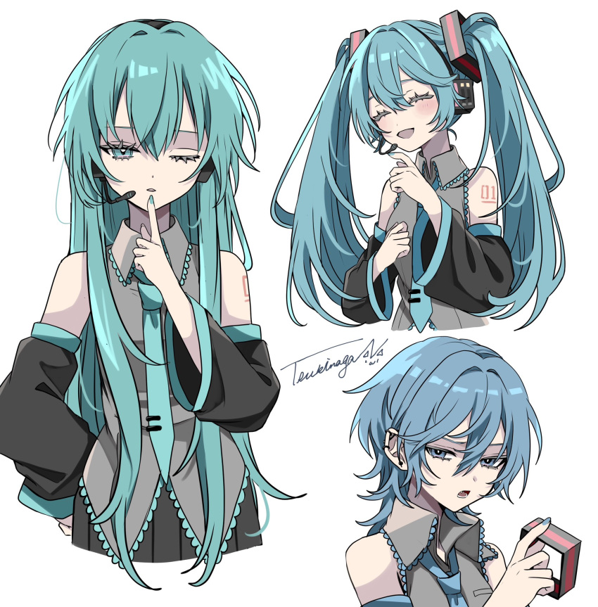 3girls :d bare_shoulders black_sleeves blue_eyes blue_hair blue_necktie blush closed_eyes collared_shirt cropped_torso detached_sleeves dot_nose ear_piercing earrings facing_to_the_side finger_to_mouth frilled_shirt frills grey_shirt hair_between_eyes hair_ornament hand_on_own_hip hatsune_miku headset highres holding holding_hair_ornament index_finger_raised jewelry long_hair long_sleeves looking_at_viewer lower_teeth_only medium_hair microphone multiple_girls multiple_persona naguno-0713 necktie number_tattoo one_eye_closed open_collar open_mouth piercing shirt shushing simple_background sleeveless sleeveless_shirt smile straight_hair stud_earrings tattoo teeth tie_clip twintails very_long_hair vocaloid white_background wing_collar wolf_cut