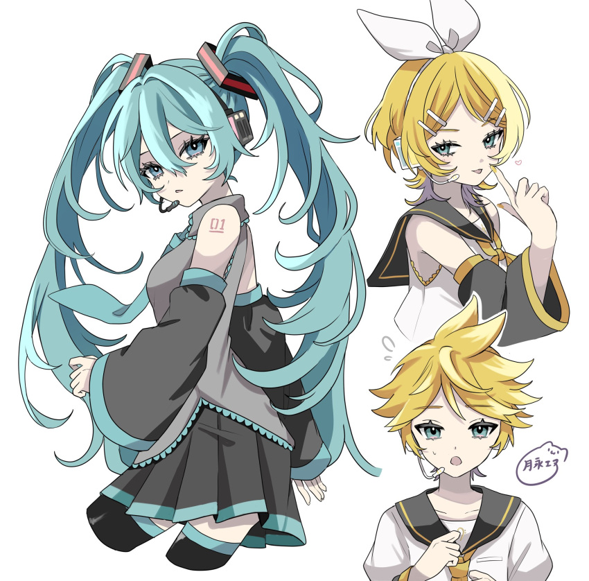 1boy 2girls :o :p arm_behind_back bangs_pinned_back black_sailor_collar black_skirt black_sleeves black_thighhighs blonde_hair blue_eyes blue_hair blue_necktie bow bow_hairband closed_mouth collared_shirt cropped_legs cropped_torso detached_sleeves dot_nose finger_to_mouth from_side grey_shirt hair_bow hair_ornament hairband hairpin hatsune_miku headset heart highres index_finger_raised kagamine_len kagamine_rin long_hair long_sleeves looking_at_viewer microphone multiple_girls naguno-0713 nail_polish neckerchief necktie number_tattoo parted_bangs pleated_skirt sailor_collar school_uniform serafuku shirt simple_background skirt sleeveless sleeveless_shirt smile straight-on sweatdrop tattoo thigh-highs tongue tongue_out twintails very_long_hair vocaloid white_background white_bow white_shirt yellow_nails yellow_neckerchief yellow_necktie