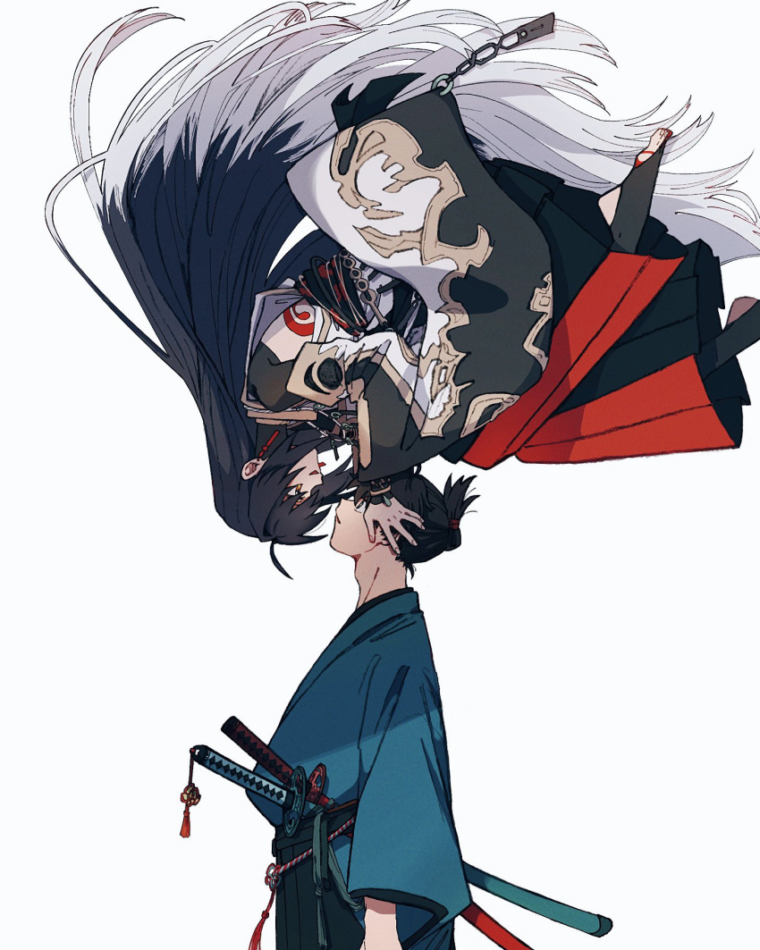 1boy 1other androgynous black_hair blue_kimono fate/samurai_remnant fate_(series) gradient_hair hakama hakama_pants hands_on_another's_face highres japanese_clothes katana kimono long_hair looking_at_another miyamoto_iori_(fate) multicolored_hair pants parted_lips red_hakama rotational_symmetry sheath sheathed sword toeless_legwear upside-down very_long_hair weapon white_background white_hair yamato_takeru_(fate) yamato_takeru_(third_ascencion)_(fate) yuu_(yuuka_8018)